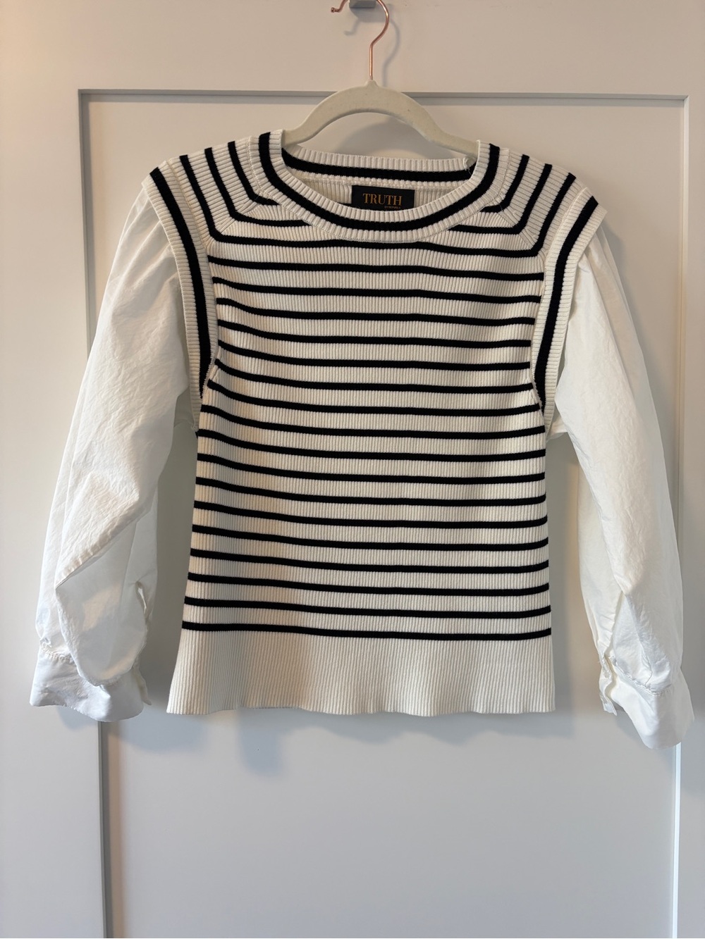 Truth By Republic Black and White Striped Ribbed Knit Top